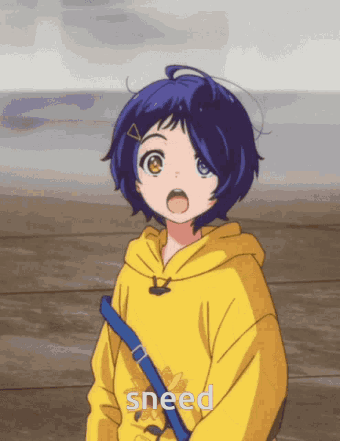 a girl in a yellow hoodie with the word sneed on the bottom