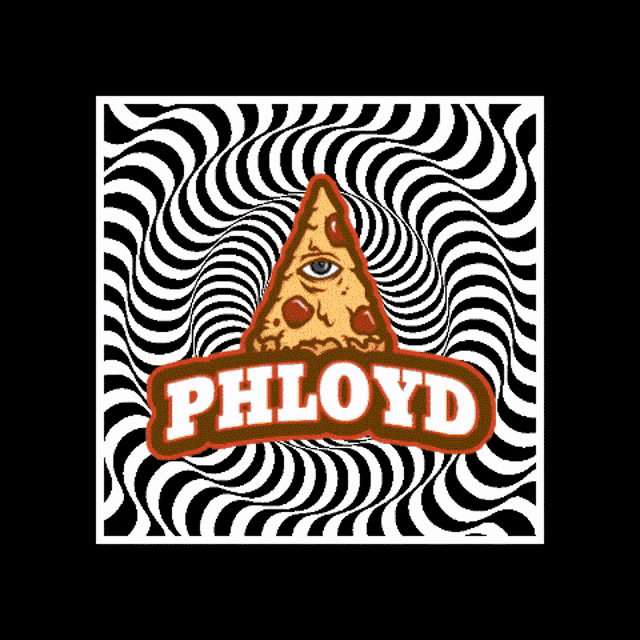 a slice of pepperoni pizza with an all seeing eye on it is surrounded by an optical illusion .