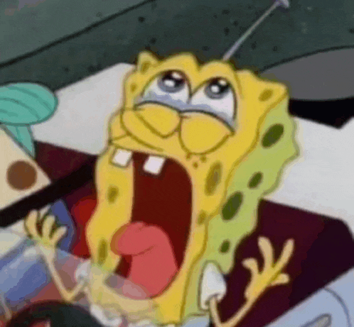 spongebob squarepants is screaming with his mouth wide open and his tongue sticking out .