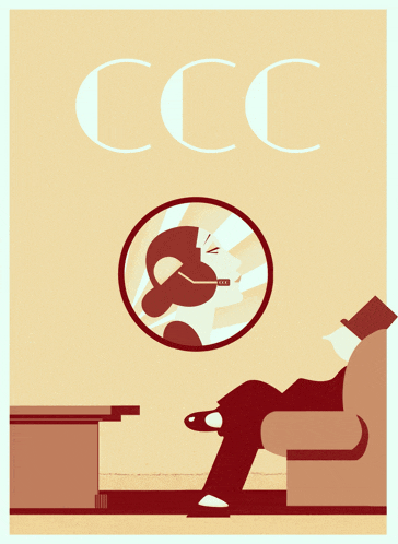 an illustration of a man reading a book and a woman smoking a cigarette with the letters ccc above