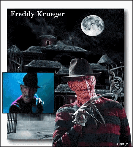 a picture of freddy krueger with a full moon behind him