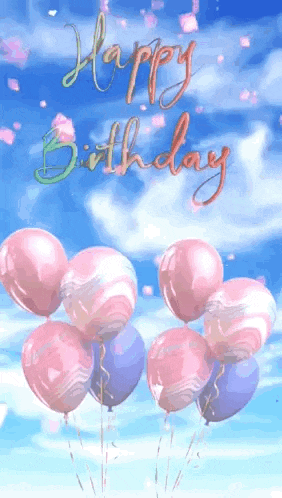 a bunch of pink and purple balloons in the sky with the words `` happy birthday '' written on it .