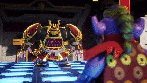 a cartoon of a samurai standing next to a blue monster