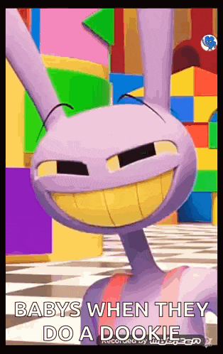 a purple cartoon character with a yellow smile and the words " babys when they do a dookie "