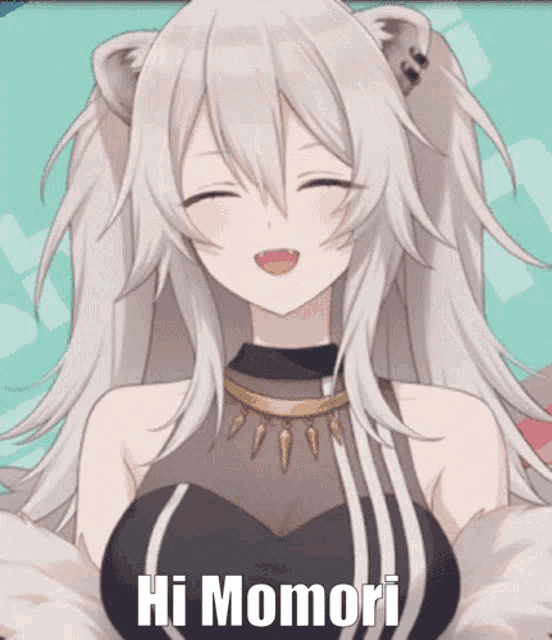 a girl with white hair is smiling and says hi momori on the bottom