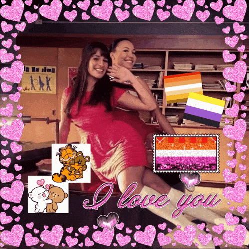 a picture of two women surrounded by pink hearts with the words i love you at the bottom