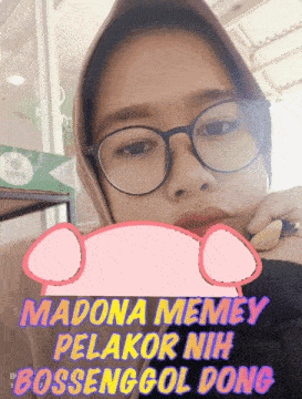 a woman wearing glasses and a head scarf has a sticker on her face that says madona memey pelakor nih