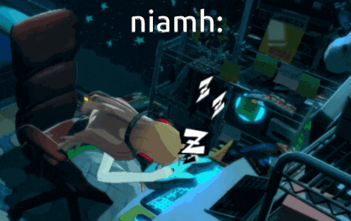 a cartoon drawing of a person laying on a bed with the words niamh above them