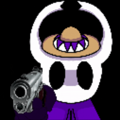 a pixel art of a cartoon character holding a gun .
