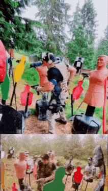 a man is shooting a gun at a target in a field surrounded by mannequins