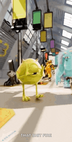 a cartoon character from monsters inc is standing in a hallway with the words that shit fire behind him .