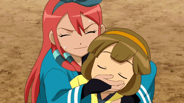 a girl with red hair is hugging another girl with a yellow headband