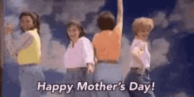 a group of women are dancing in front of a cloudy sky and the words `` happy mother 's day '' are written above them .