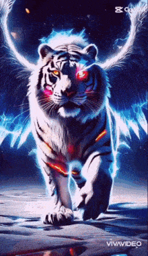 a white tiger with wings and red eyes is walking on a rocky surface .