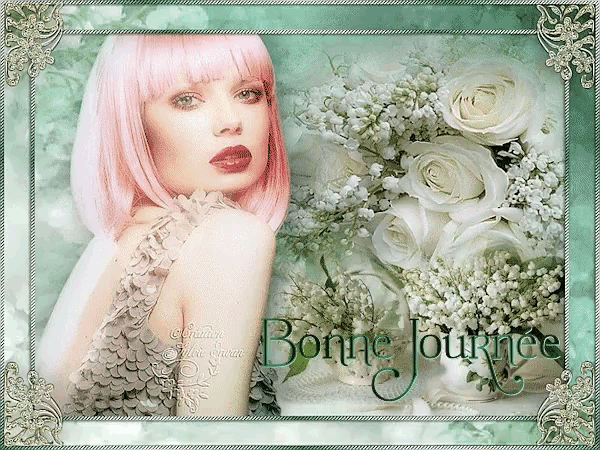 a picture of a woman with pink hair and the words bonne journee on the bottom