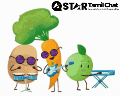 a cartoon of a carrot playing a guitar and a potato playing drums