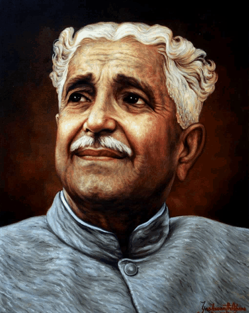 a painting of a man with a mustache is signed by jay ashwan tripathi