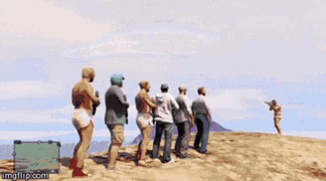 a group of people standing in front of a large explosion with imgflip.com in the bottom right corner
