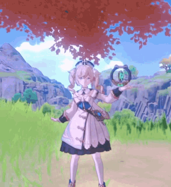 a girl in a white dress is standing under a tree holding a ball