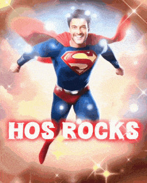 a man in a superman costume is flying through the air with the words hos rocks behind him
