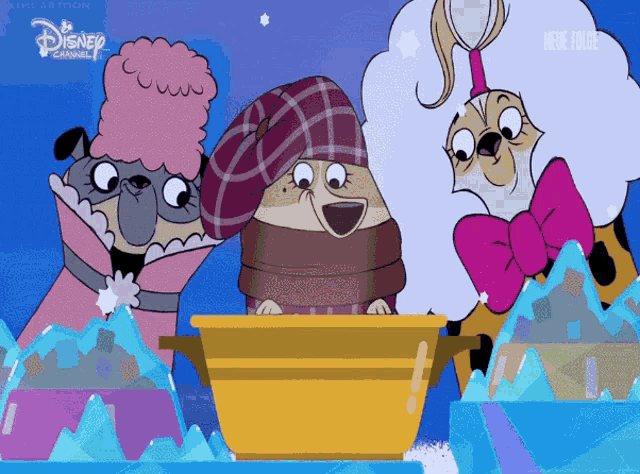 a disney channel advertisement shows three cartoon characters in a bathtub