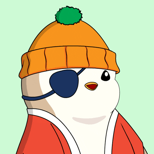 a cartoon penguin wearing an orange hat and a blue eye patch