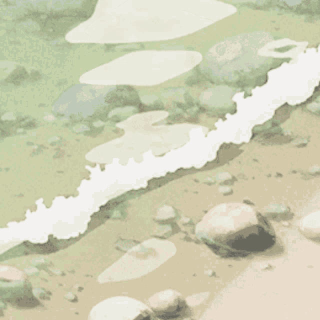 a painting of a river with rocks in the foreground and waves in the background