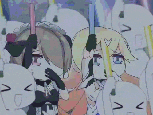 a couple of anime girls standing next to each other with one holding a fan