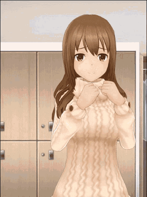 a girl in a white sweater is standing in front of a row of lockers