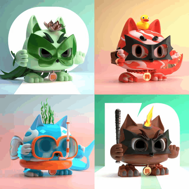 a collage of four cartoon characters with one wearing a mask