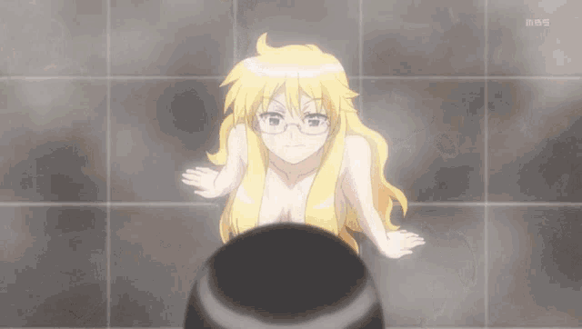 a blonde anime girl with glasses is taking a bath in a bathtub