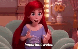 ariel from the little mermaid is wearing a purple t-shirt and talking about important water .