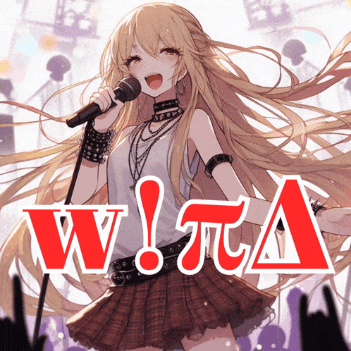 a blonde anime girl singing into a microphone with the words w ! ta on the bottom