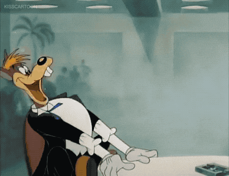 a cartoon of a wolf in a tuxedo sitting at a table with his mouth open