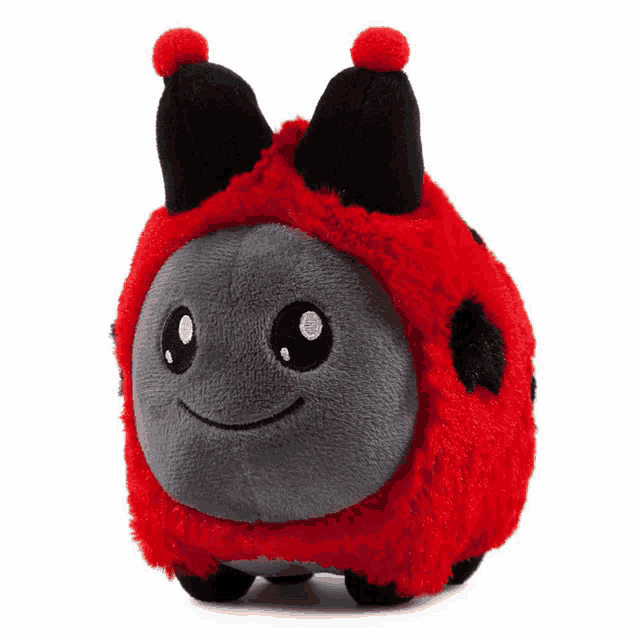 a stuffed ladybug with black spots and red ears