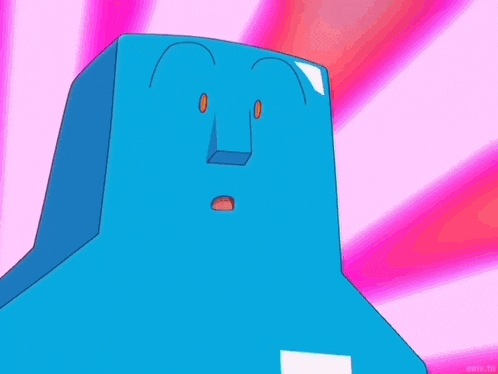 a blue cartoon character with a pink background and a face on it .