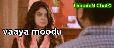 a man and a woman are looking at each other with the words vaaya moodu below them