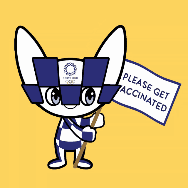 a mascot from the tokyo 2020 olympics is holding a flag that says please get vaccinated