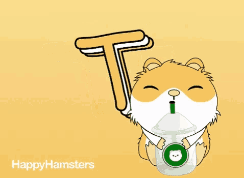 a cartoon hamster drinking from a cup with the words tbt behind it