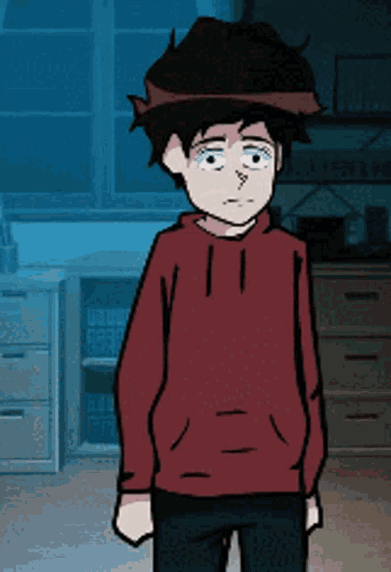 a cartoon character wearing a red hoodie and a brown hat