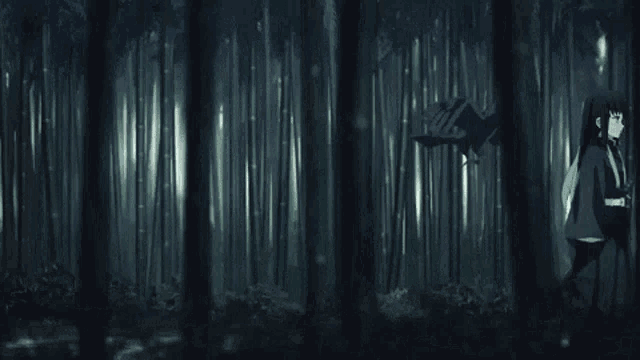 a man holding a sword in a dark forest with a bird flying in the background