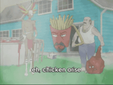a cartoon says eh chicken arise in front of a blue building