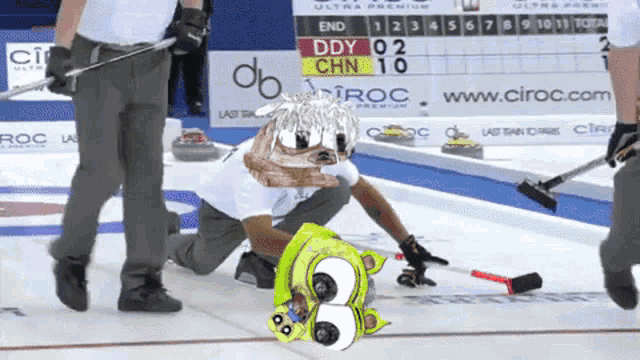 a cartoon character is kneeling on the ice in front of a scoreboard that says ddy 02 and chn 10
