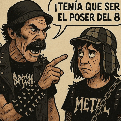 a cartoon of a man pointing at another man who is wearing a shirt that says metal