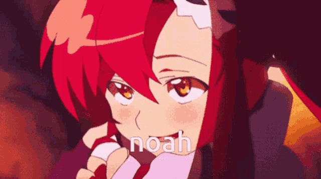 a close up of a red haired anime girl with the name noah on the bottom right