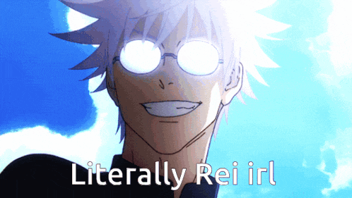 a cartoon character with glasses and the words literally rei irl