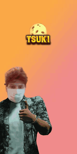 a man wearing a mask is giving a thumbs up in front of a logo for tsuki