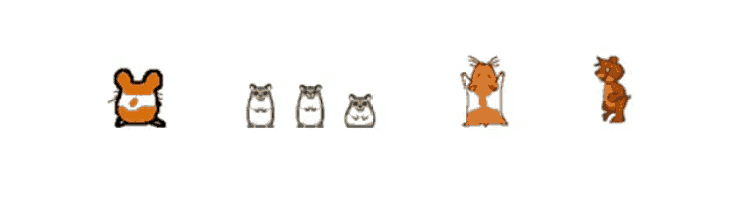 a row of cartoon animals including a hamster a cat and a bear
