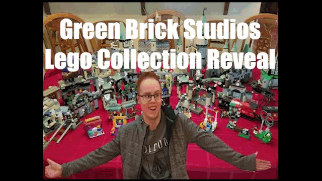 a man is standing in front of a table full of lego bricks with the words green brick studios lego collection reveal