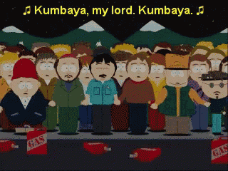 a group of south park characters standing in front of a sign that says gumbaya my lord gumbaya